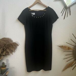 Vtg 90s Ann Tjian for Kenar Black Dress Slim Fitted Sheath Midi Cutout Neck Lrg